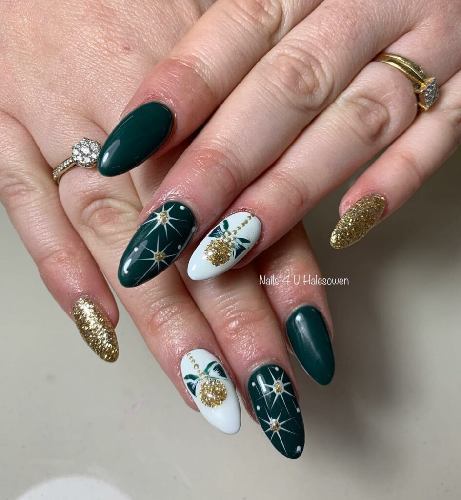 Get Festive with 25 Green Christmas Nail Ideas in 2024 37 Gilded Stellar Patterns on Green Christmas Nails