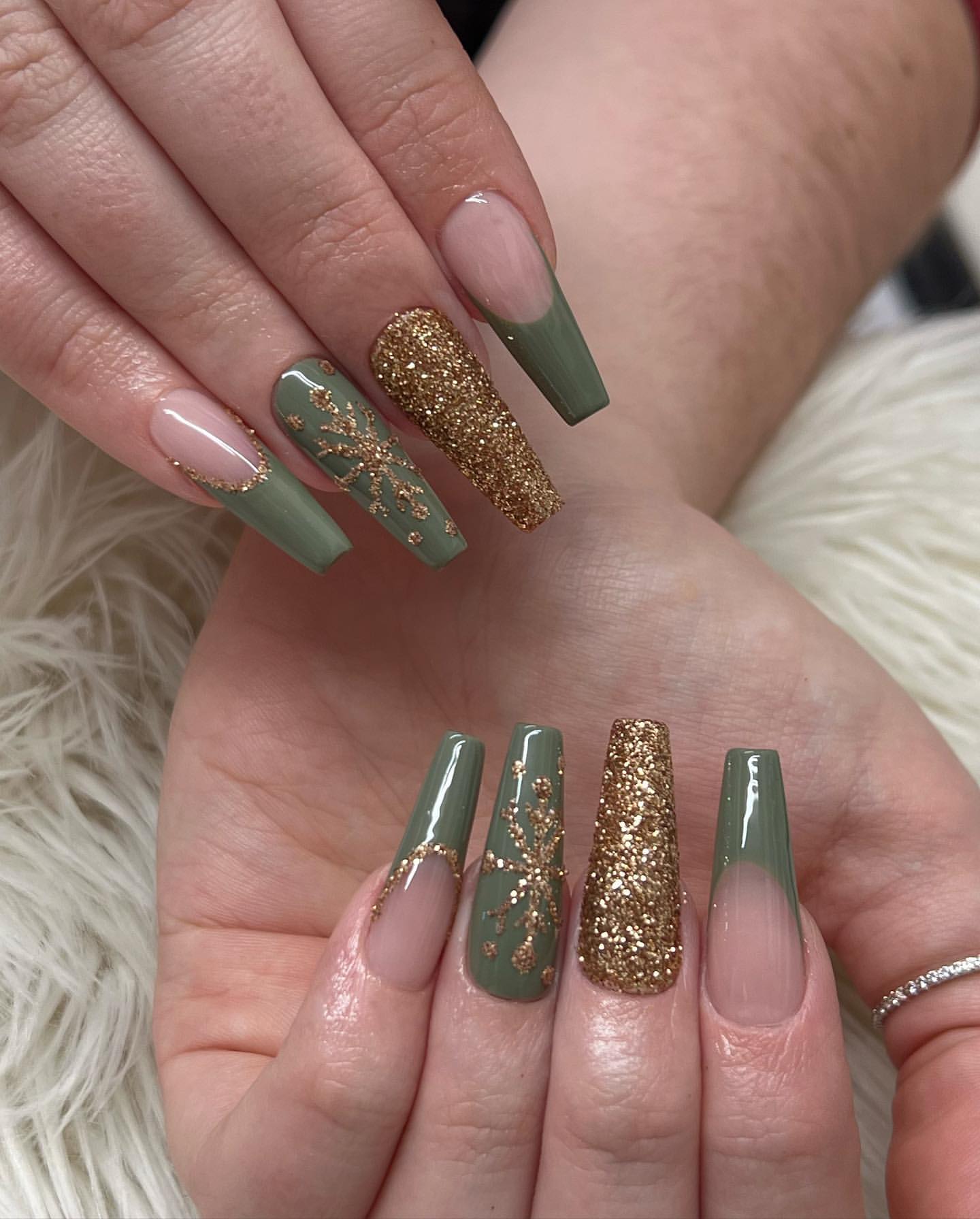 Get Festive with 25 Green Christmas Nail Ideas in 2024 30 Gold Glitter on Sage Green Christmas Nails