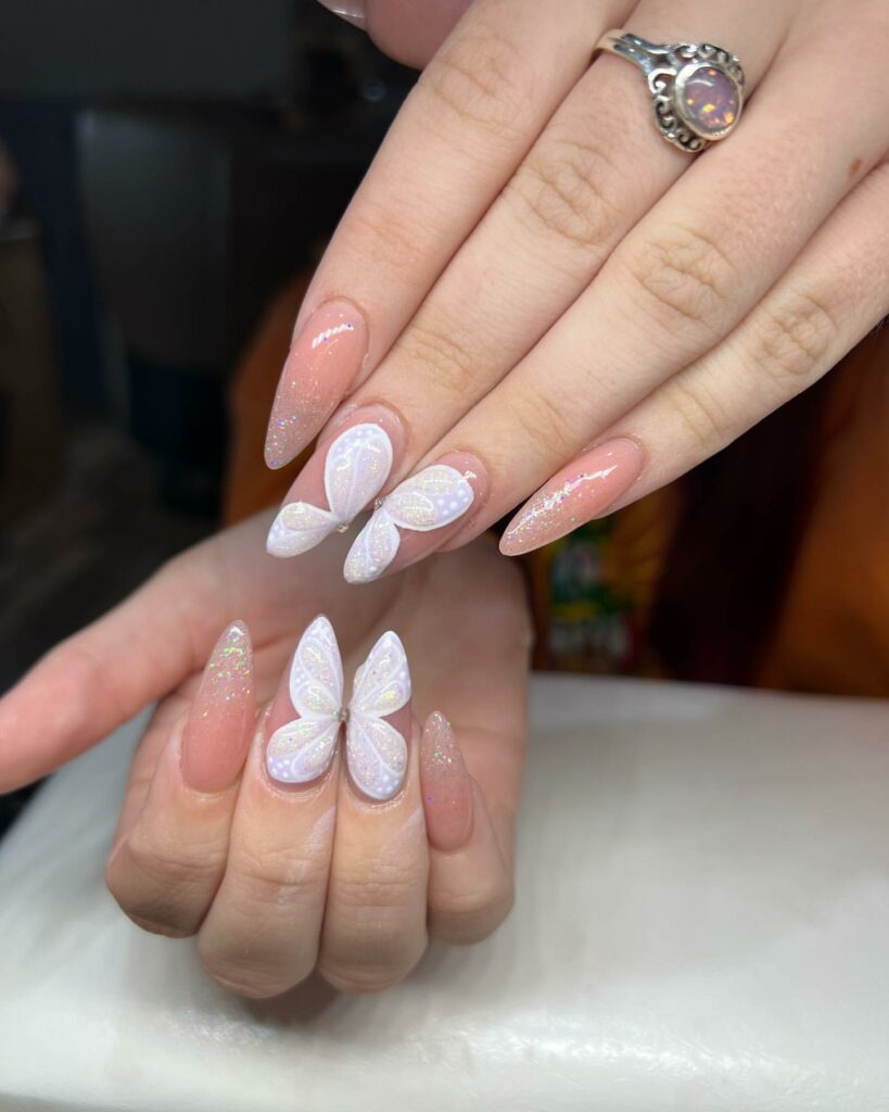 50 Latest Butterfly Nail Designs To try In 2024! 52 Glitter Almond White Butterfly Nails
