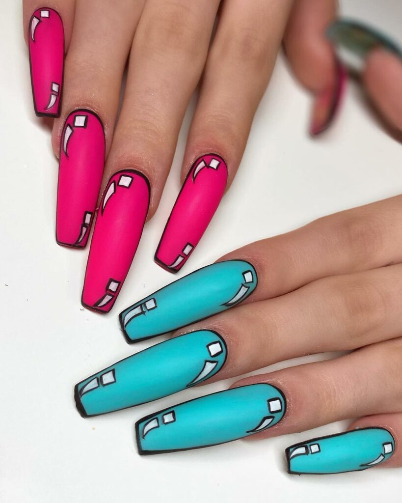 44 Latest Pop Art Nail Designs To Try In 2024! 10 Pink and Blue Hues in Pop Art Nail Designs