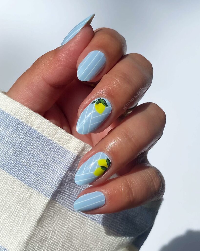 40 Latest Short Summer Nail Designs To Try In 2024! 42 Blue Nails With Lemon Design