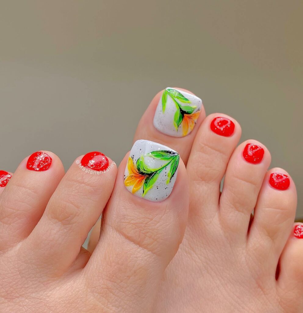 20 Latest Flower Pedicure Designs To Try In 2024! 11 Yellow Flower On Red Accent Pedicure With Glitters