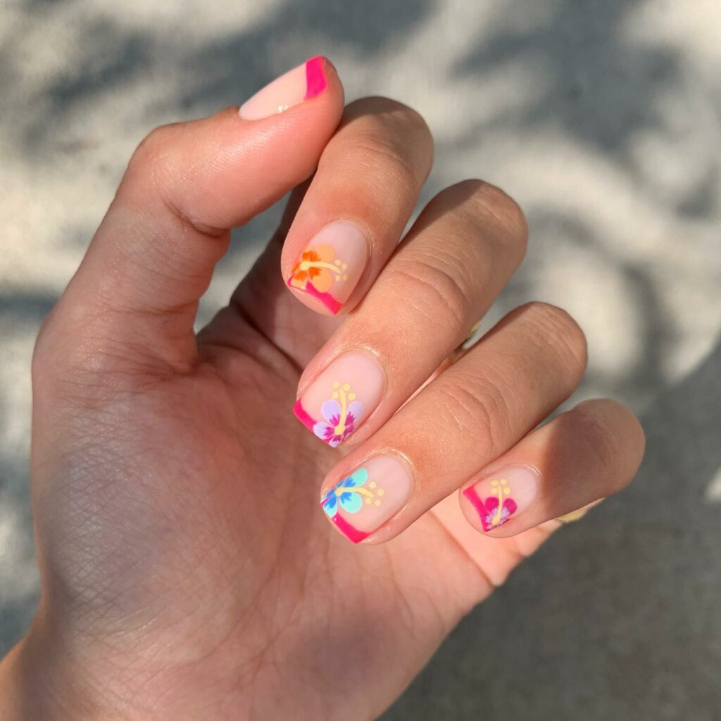 40 Latest Short Summer Nail Designs To Try In 2024! 26 Short Summer French Nails With Hibiscus Design