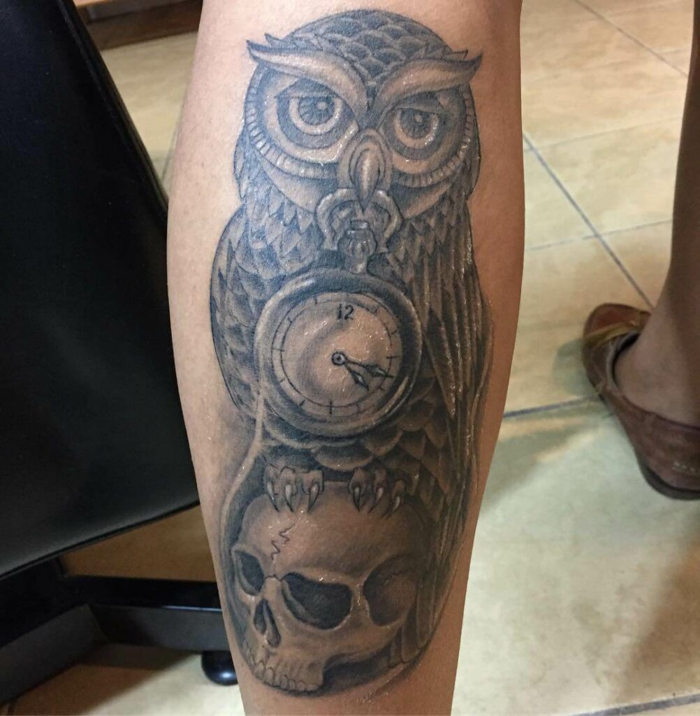 11+ Skull And Owl Tattoo Ideas That Will Blow Your Mind! 12 Winged Owl and Skull Tattoos With Clock