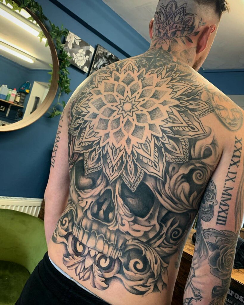 11+ Skull Back Tattoo Ideas That Will Blow Your Mind! 11 Bluish Hue Full Back Skull Tattoo
