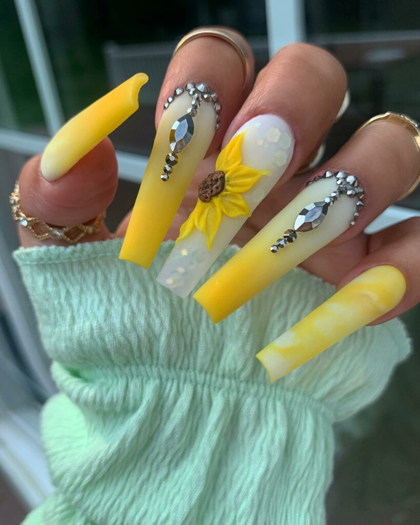 20 Latest Sunshine Nail Ideas To Try In 2024! 17 Sunshine Ombre Nails With 3D Sunflower And Rhinestones