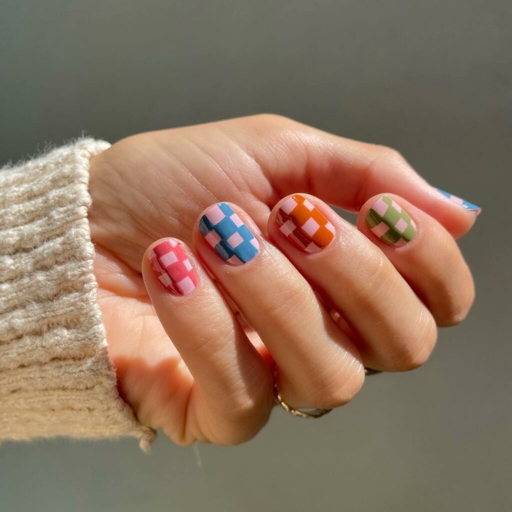 20 Latest Checkered Nail Designs To Try In 2024! 21 Multicolor Checkered Small Nails