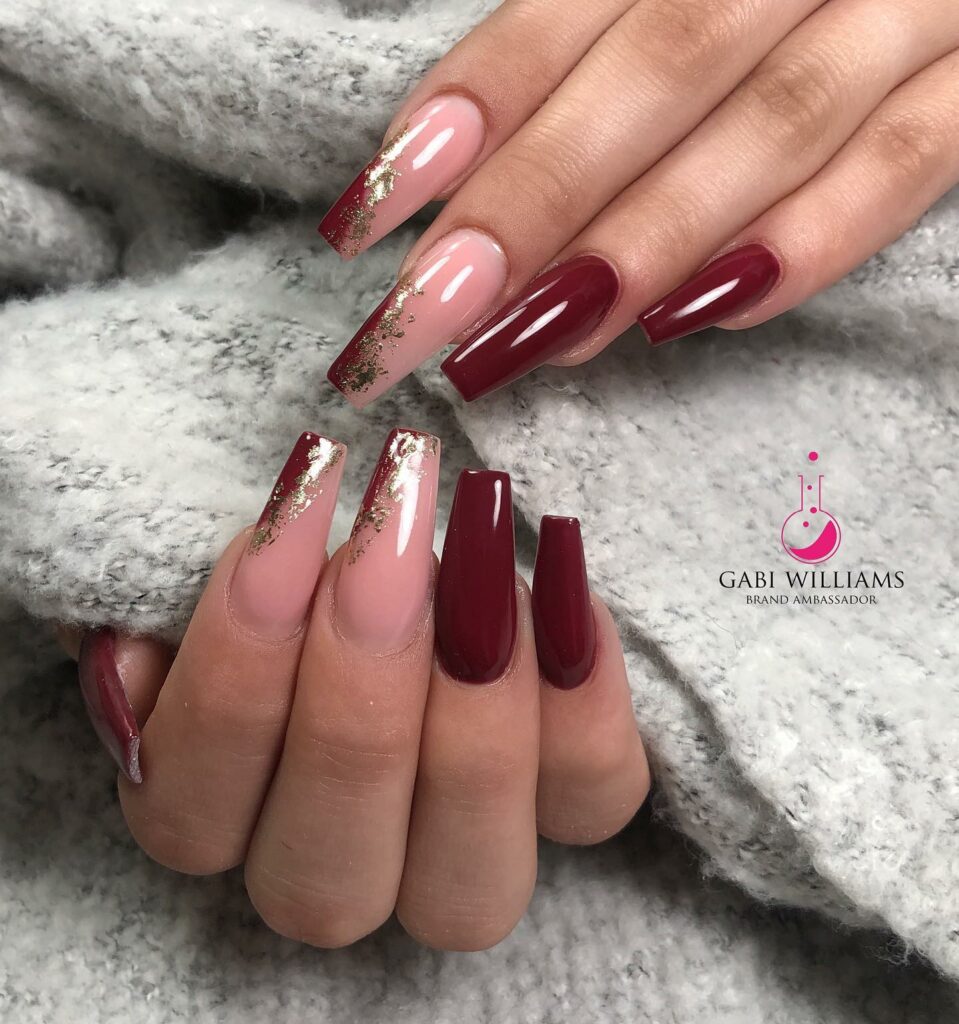 20 Latest Wine Color Nail Ideas To Try In 2024! 21 Coffin Wine Nails With Gold Flakes