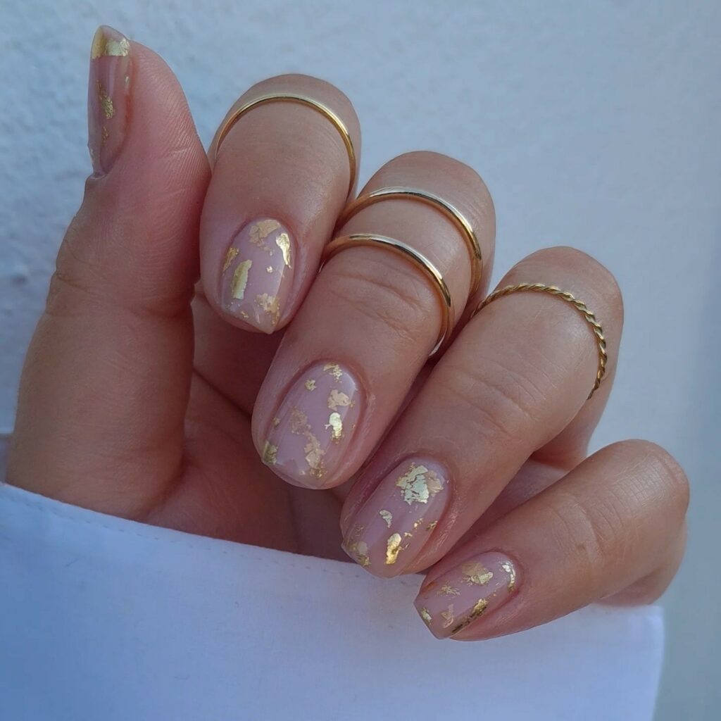 20 Latest Nude Short Nail Ideas To Try In 2024! 26 Nude Short Nails With Gold Flakes