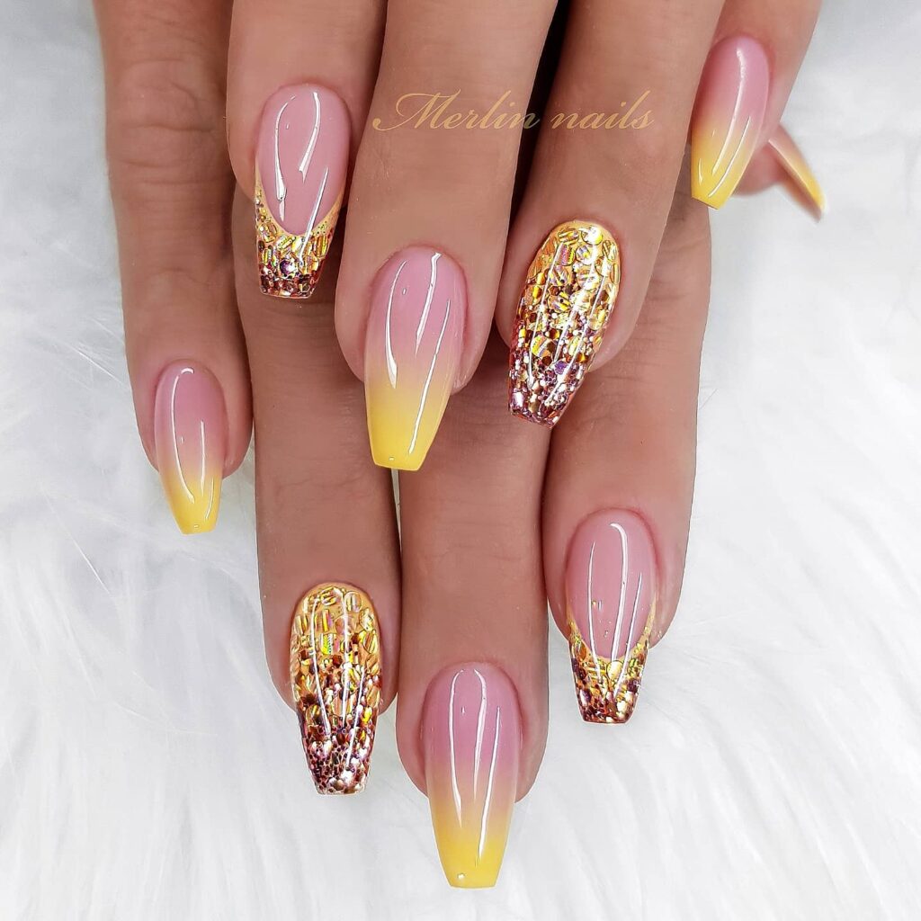 20 Latest Yellow Ombre Nail Ideas To Try In 2024! 16 Yellow Ombre Nails With Gold Glitter