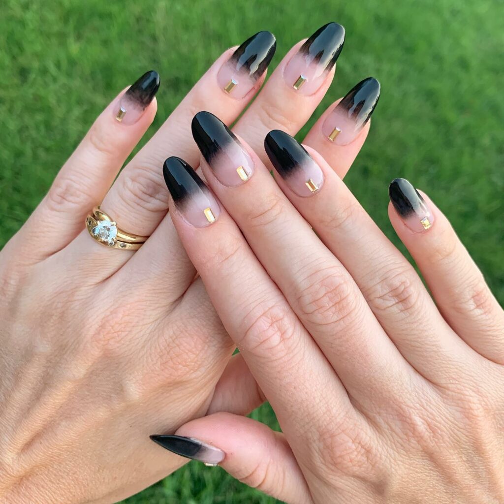 20 Latest Nude Ombre Nail Ideas To Try In 2024! 32 Nude And Black Ombre Nails With Tiny Gold Bar Design