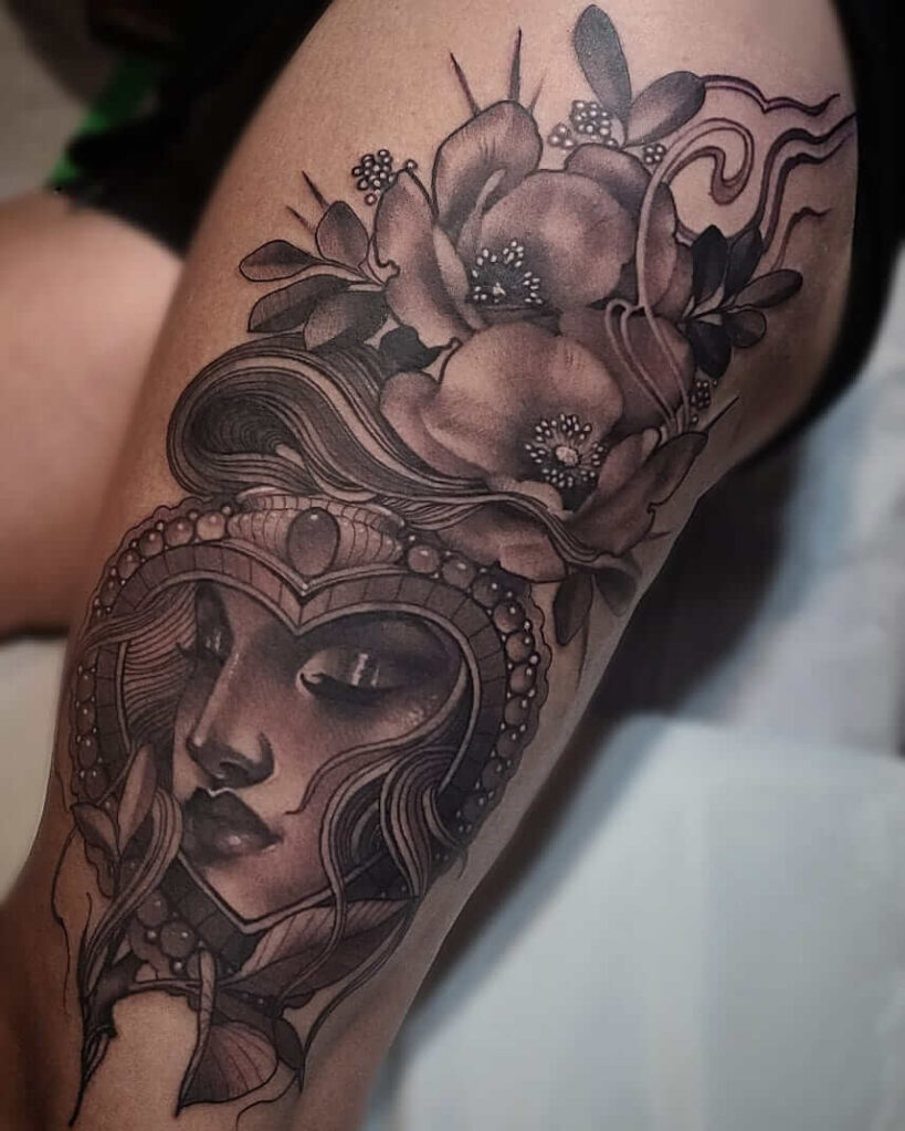 11+ Thigh Tattoo Sleeve Ideas That Will Blow Your Mind! 15 Sacred Heart Leg Tattoos With Lady's Face