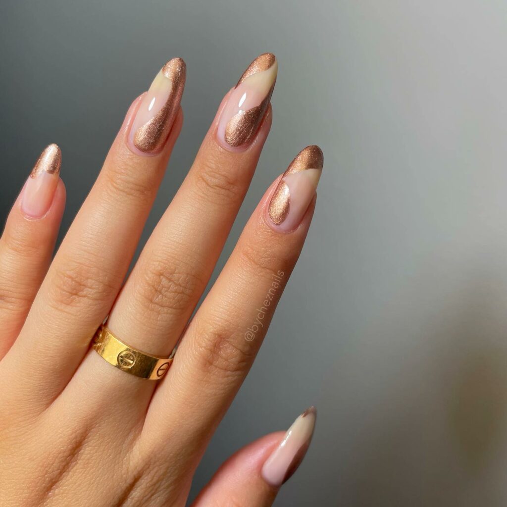 29 Latest Metallic Nail Designs To Try In 2024! 36 Metallic Gold On Almond Abstract Nails
