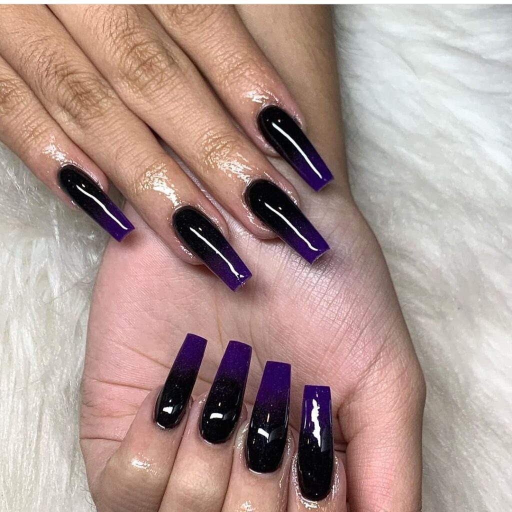 22 Latest Black And Purple Nail Ideas to Try in 2024! 43 Long Square Black And Purple Ombre Nail