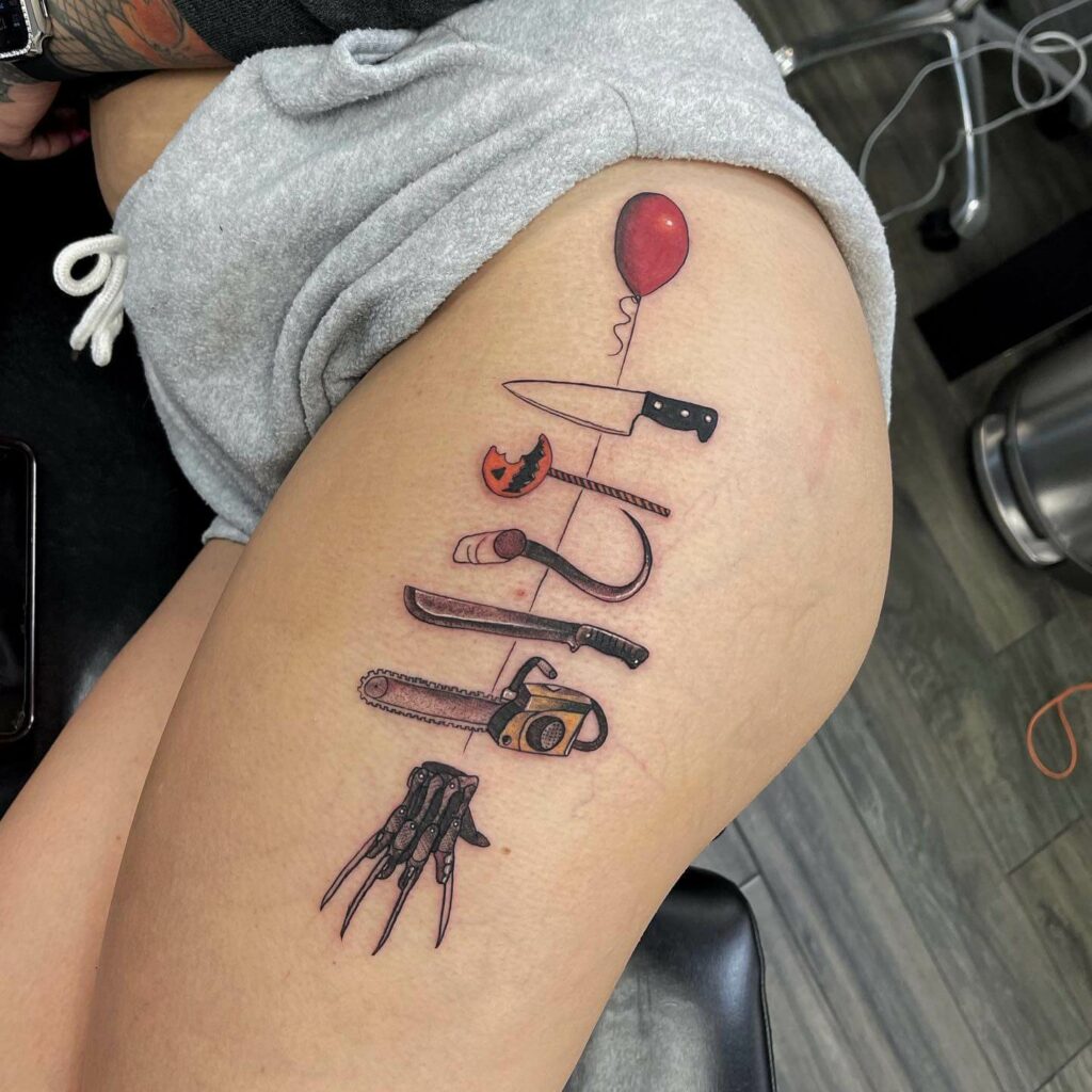 11+ Texas Chainsaw Massacre Tattoo Ideas That Will Blow Your Mind! 12 Horror Movie Props Combination Tattoo