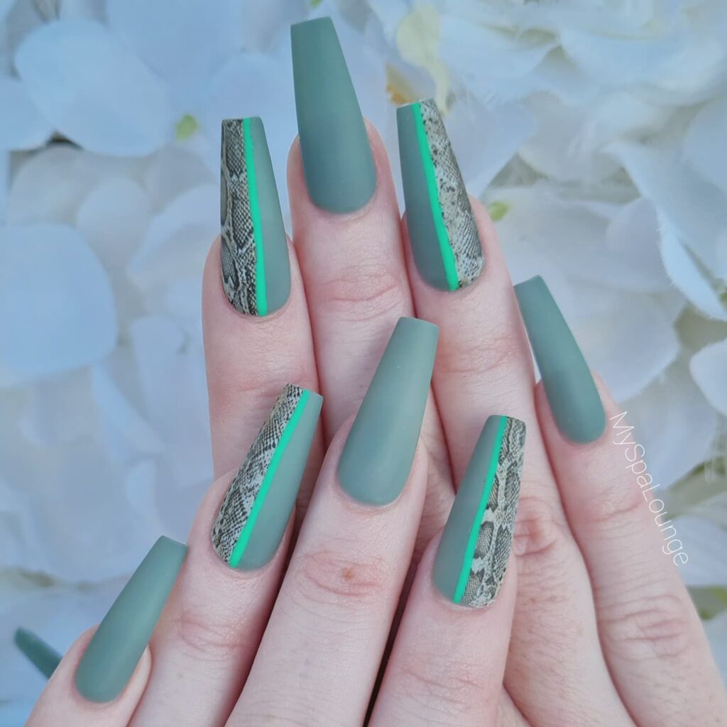 30 Latest Snake Nail Designs To Try In 2024! 37 Snake Skin On Matte Green Coffin Nails