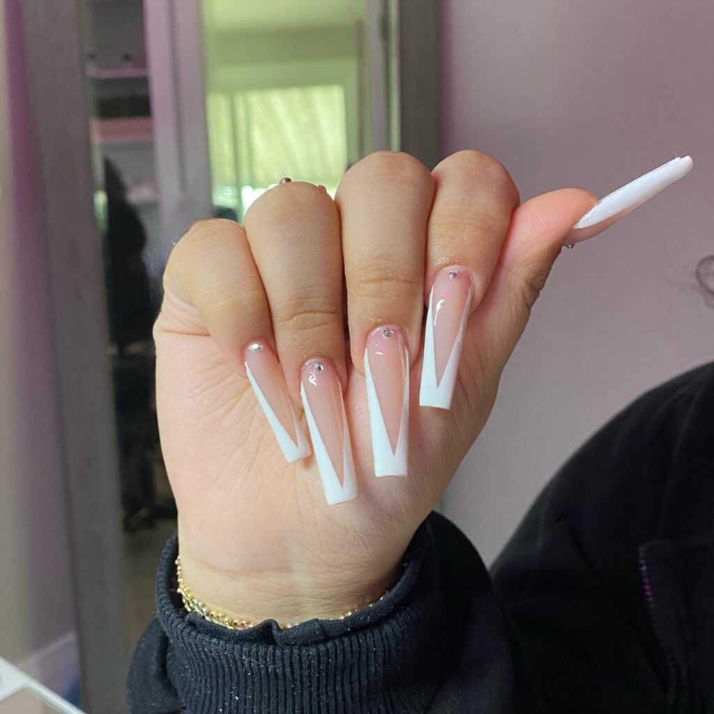 50 Latest V French Tip Coffin Nail Designs To Try In 2024! 38 White Coffin V-Cut French Tip Nails With