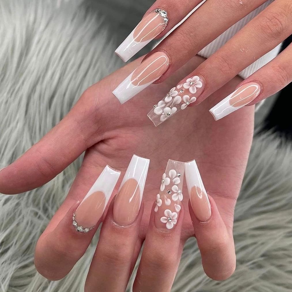 44 Latest White Nail Ideas To Try In 2024! 36 3D Floral Adornments on Coffin White Nails