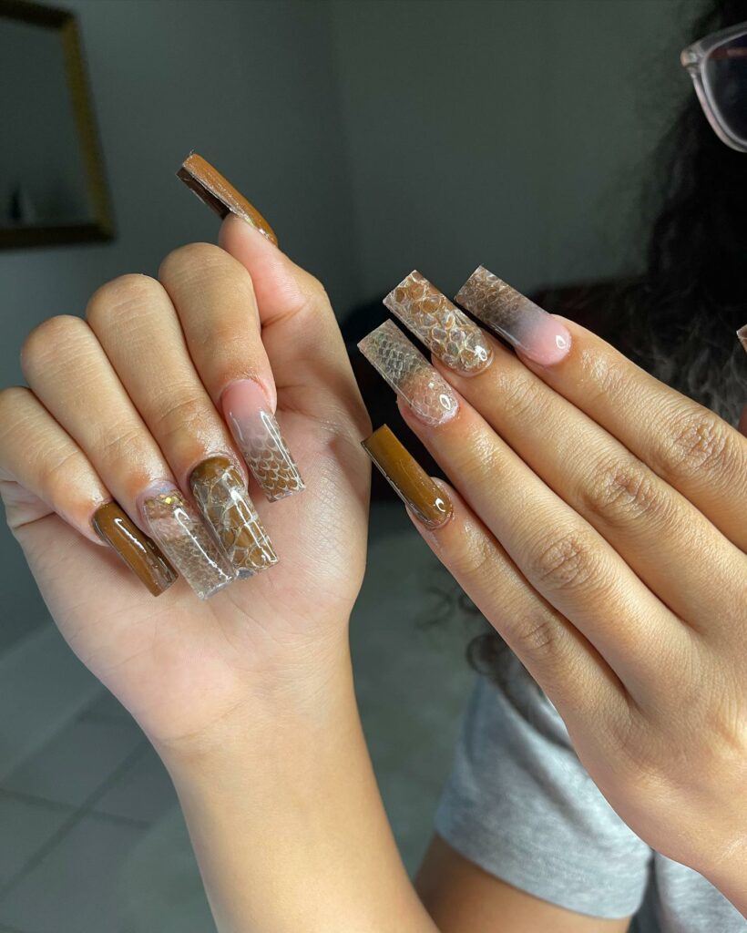 30 Latest Snake Nail Designs To Try In 2024! 39 Brown Snake Skin On Square Nails