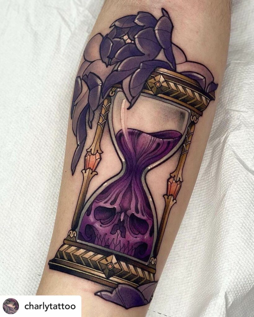 12+ Girly Hourglass Tattoo Ideas To Inspire You! 14 The Violet Hourglass Tattoo With Flowers