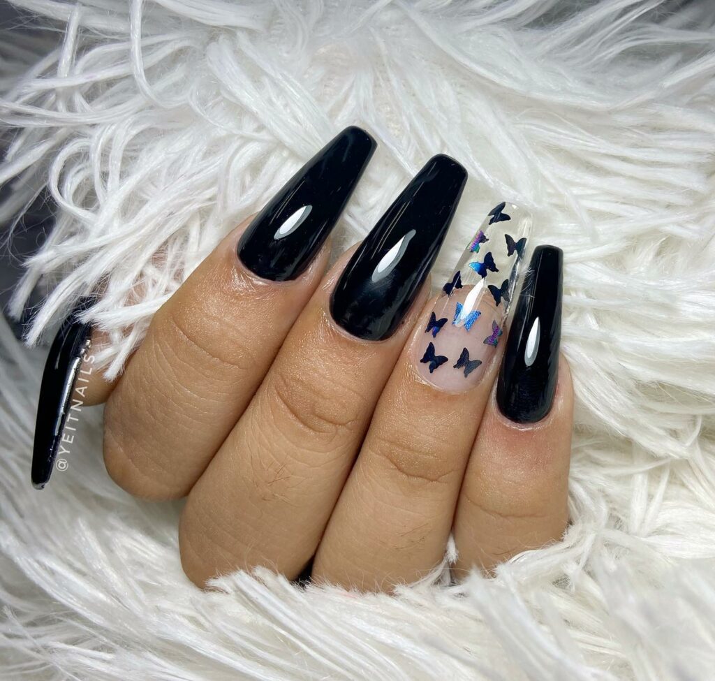 40 Latest Black Coffin Nail Designs To Try In 2024! 14 Fly Away With Butterflies