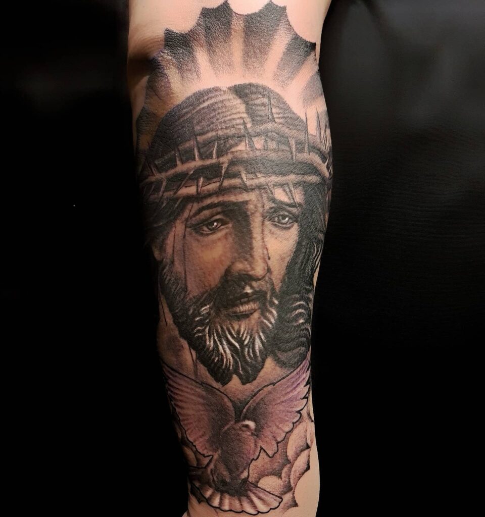 10 BEST SLEEVE TATTOOS FOR WOMEN IN 2024 14 Jesus Sleeve Tattoo