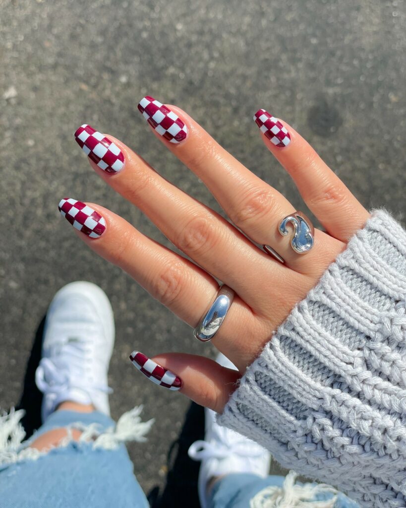 20 Latest Checkered Nail Designs To Try In 2024! 29 White And Maroon Checkered Nails