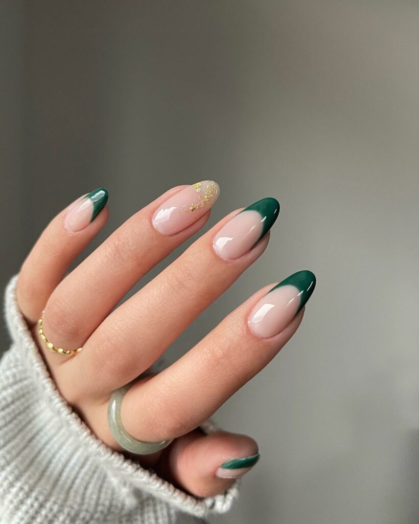 25 Latest Accent Nail Designs To Try In 2024! 26 Green French With Gold Flakes Accent Nails Design