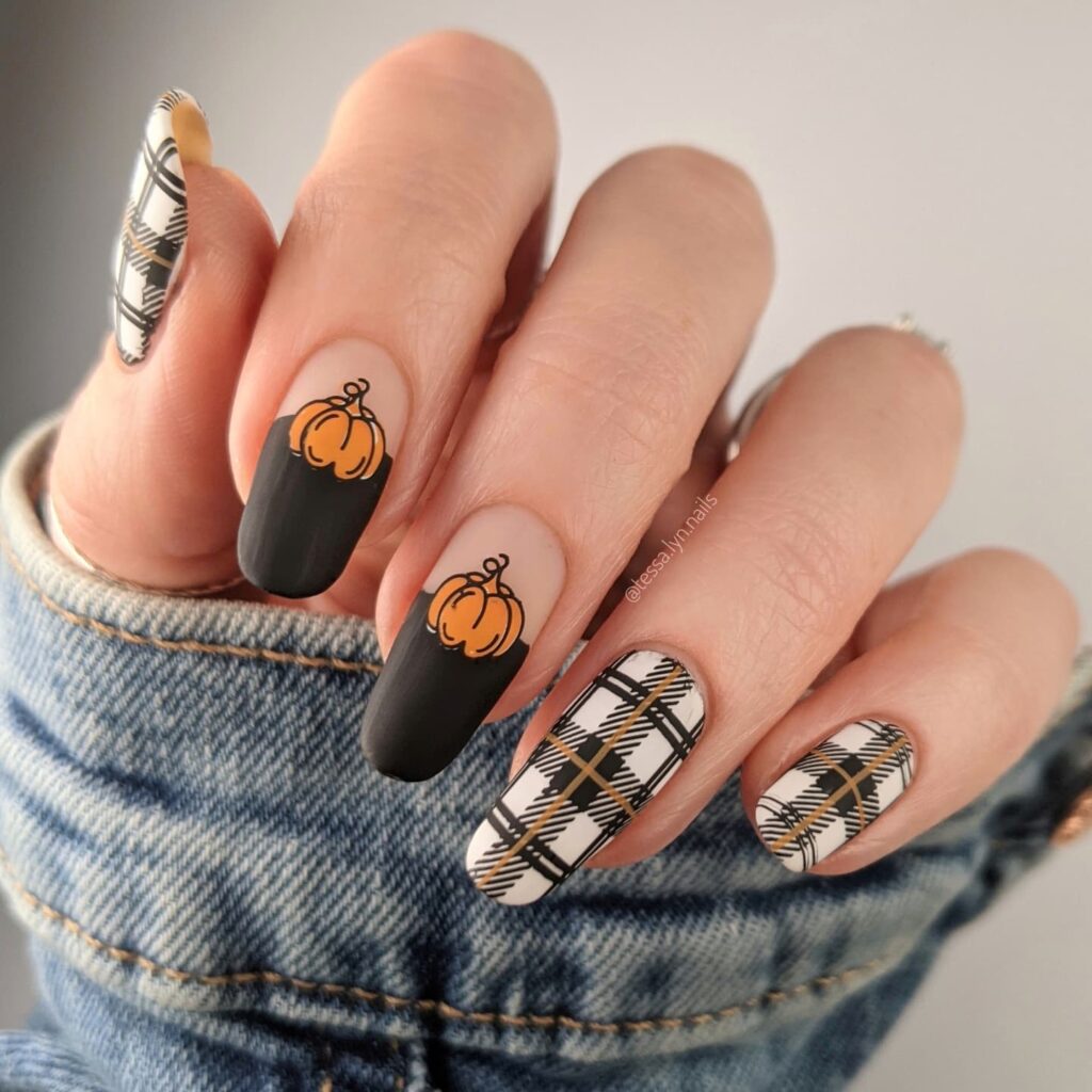 29 LATEST PLAID NAIL DESIGNS TO TRY IN 2024! 17 Plaid Nails With Pumpkin