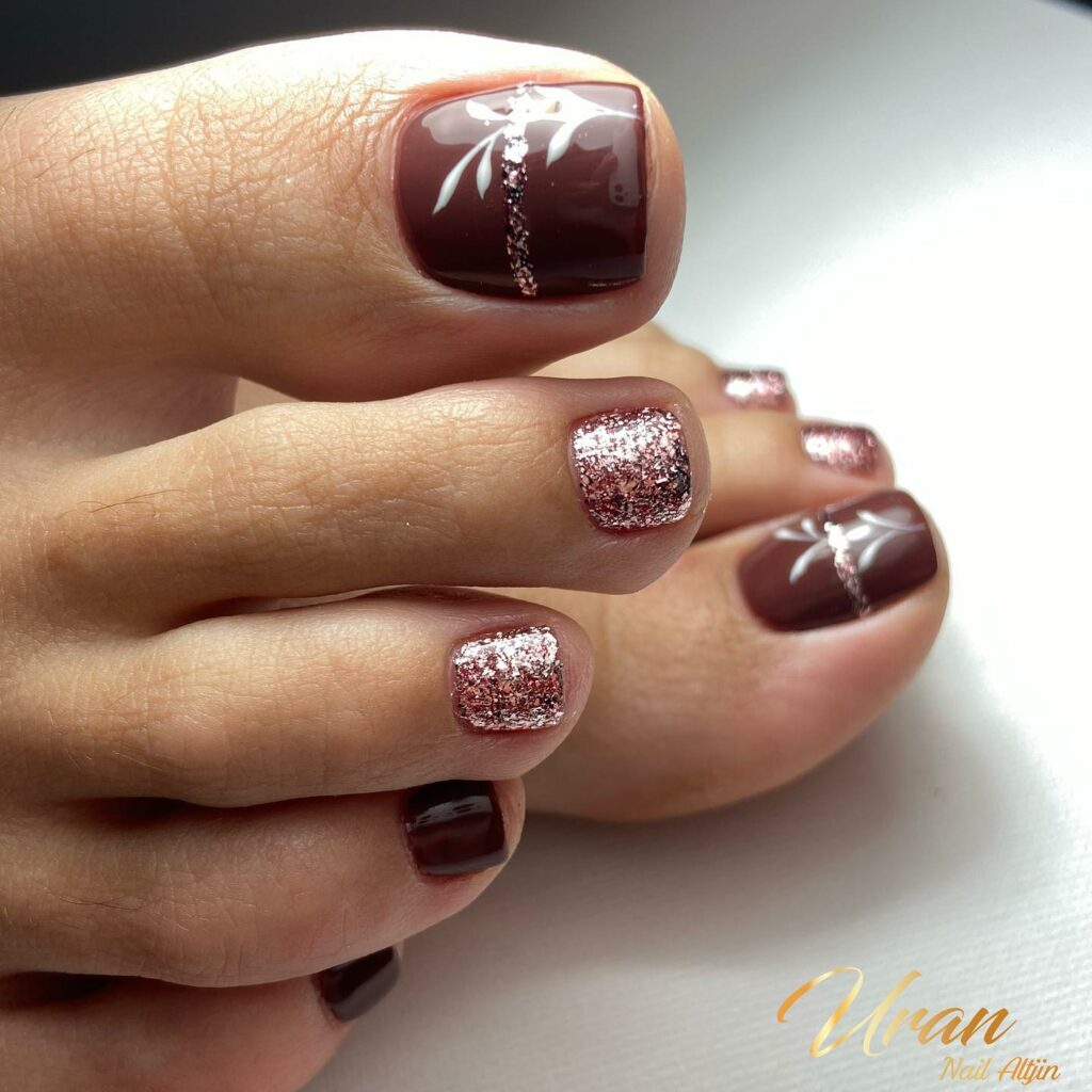 20 Latest Brown Pedicure Designs To Try In 2024! 15 Brown Pedicure With Copper Glitter