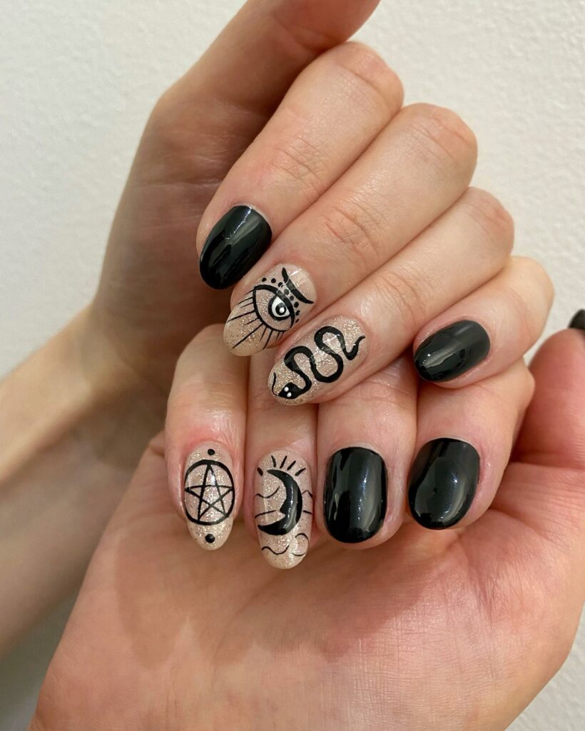 Express Yourself with 30 Emo Nail Designs in 2024 26 Black Emo Nails With All Seeing Eye, Pentagram, Moon And Snake