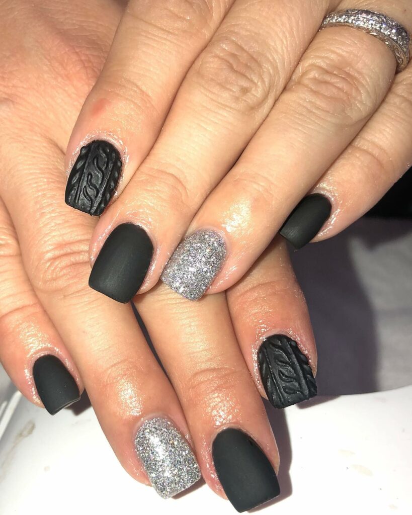 35 Latest Black Matte Nail Designs To Try In 2024! 13 Black And Cream Cableknit Nails
