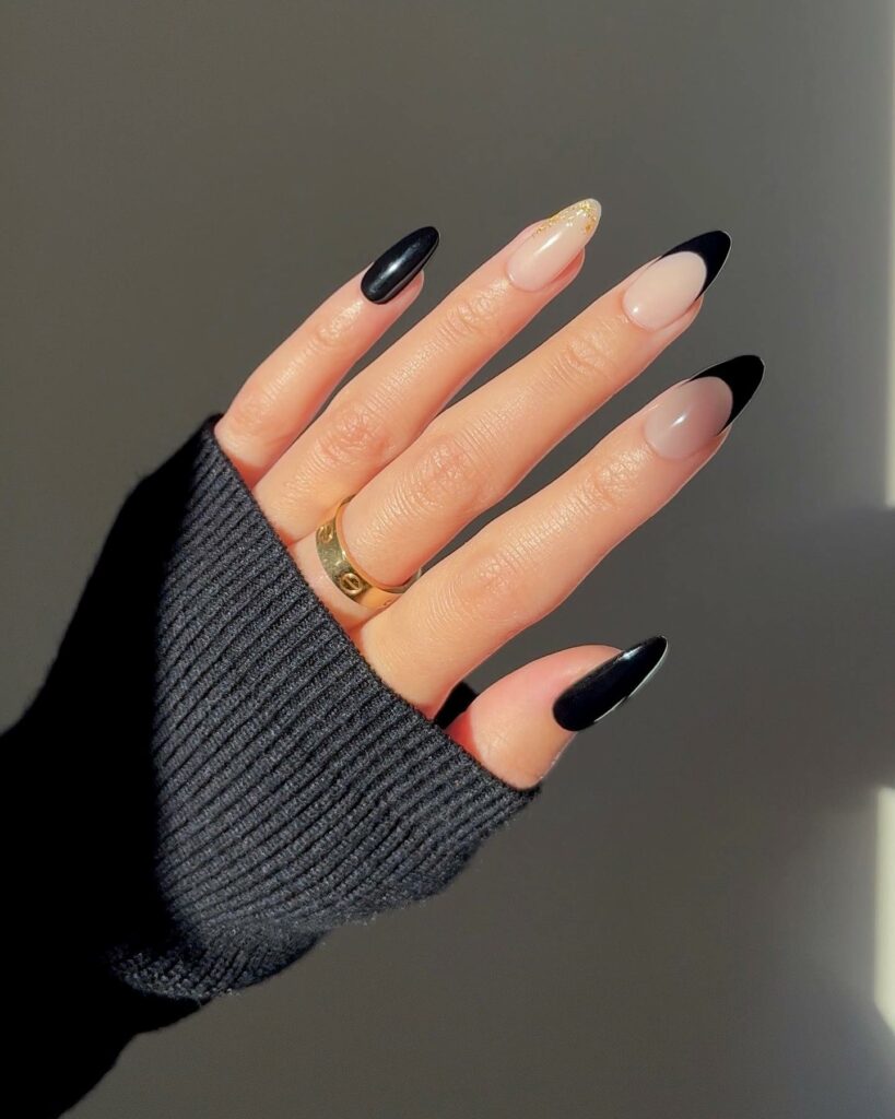 25 Latest Accent Nail Designs To Try In 2024! 10 Black French Accent Nails With Gold Flakes