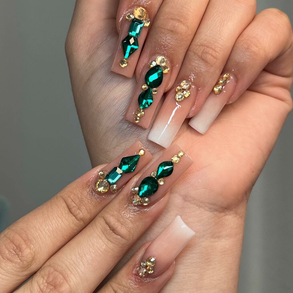 45 Latest Nails With Rhinestones Designs To Try In 2024! 47 Nude Nails with Emerald Rhinestones
