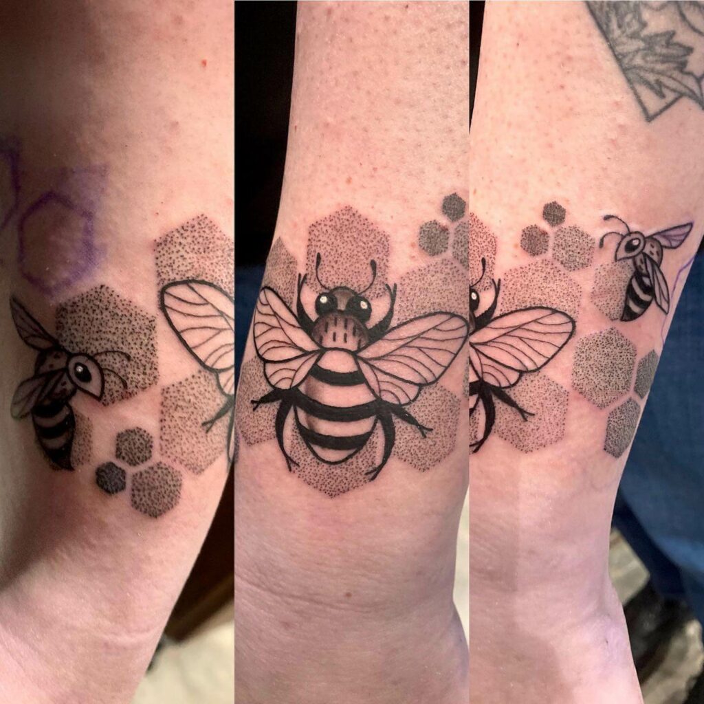 11+ Bee And Honeycomb Tattoo Ideas That Will Blow Your Mind! 17 Cartoon Style Honeycomb And Bee Tattoo
