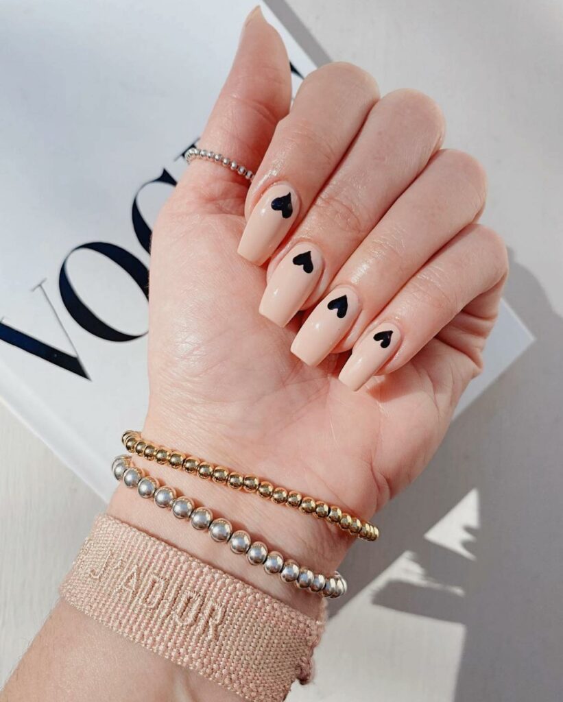 30 Latest Heart Nails Ideas To Try In 2024! 13 Black Heart Design On Nude Nails
