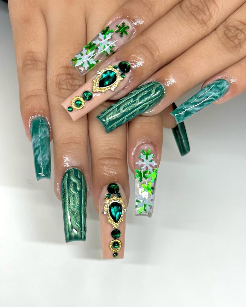 30 Latest Winter Nail Ideas To Try In 2024! 20 Green Winter Nails With Green Stones