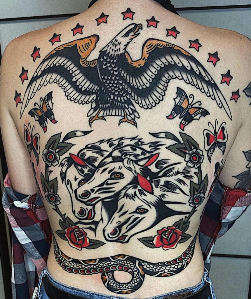 11+ Pharaoh's Horses Tattoo Ideas That Will Blow Your Mind! 16 Back Tattoo With Triple Horses And Eagle