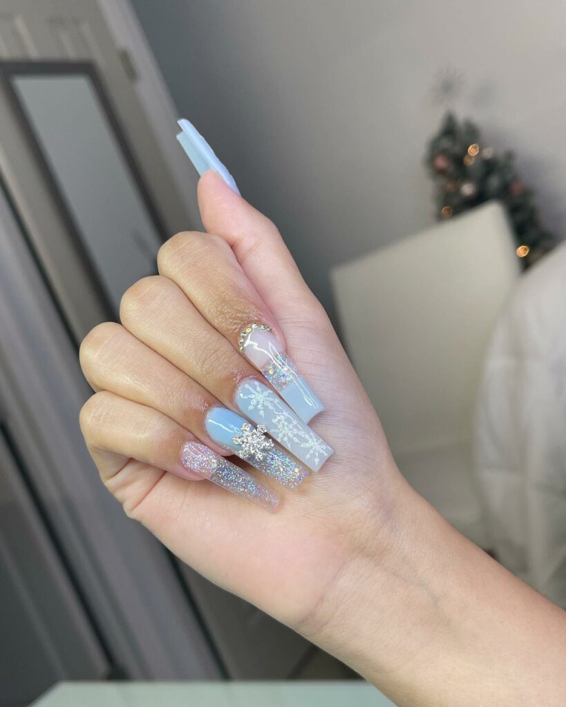 30 Latest Winter Nail Ideas To Try In 2024! 35 Blue Acrylic Winter Nails With Rhinestones And Glitter
