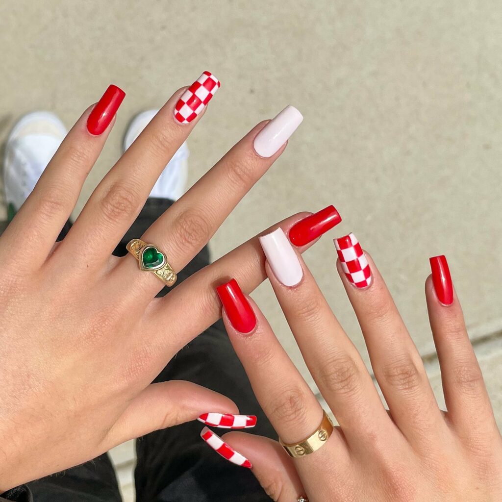 20 Latest Checkered Nail Designs To Try In 2024! 11 Red Coffin Checkered Nails