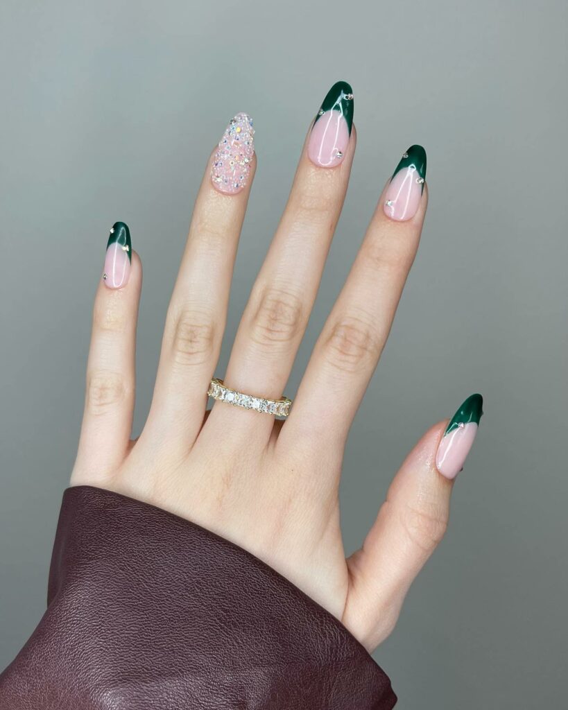 40 Latest Trendy Nail Ideas To Try In 2024! 16 Green French Trendy Nails With Glitter