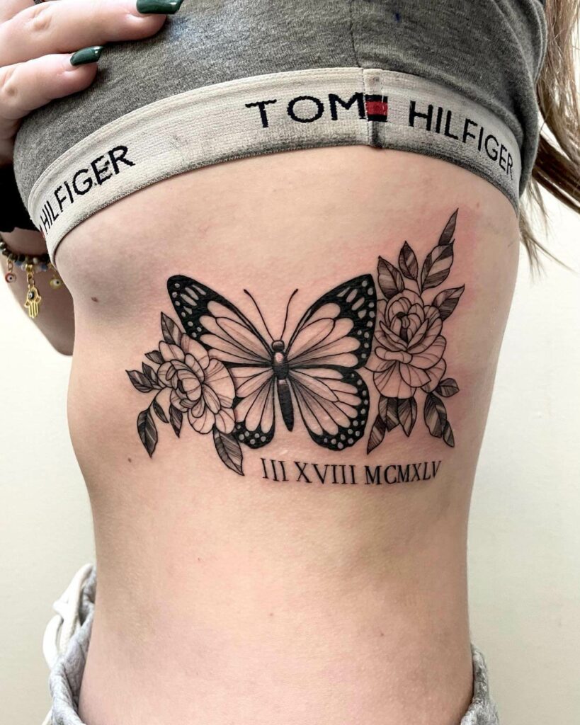 12+ Butterfly Memorial Tattoo Ideas To Inspire You! 17 Butterfly And Roman Numerals Tattoo
