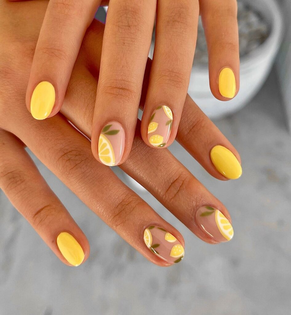 40 Latest Short Summer Nail Designs To Try In 2024! 17 Short Round Abstract Lemon Nails