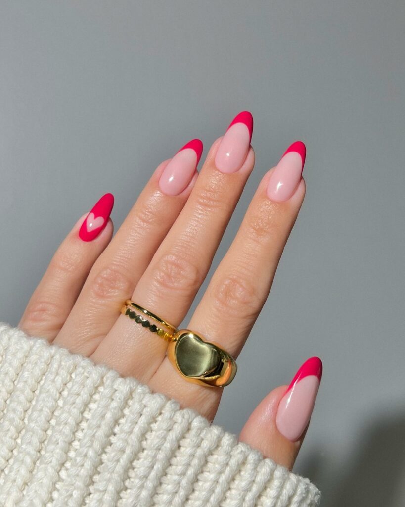 30 Latest Heart Nails Ideas To Try In 2024! 14 Pink French Almond Nails With Heart Design