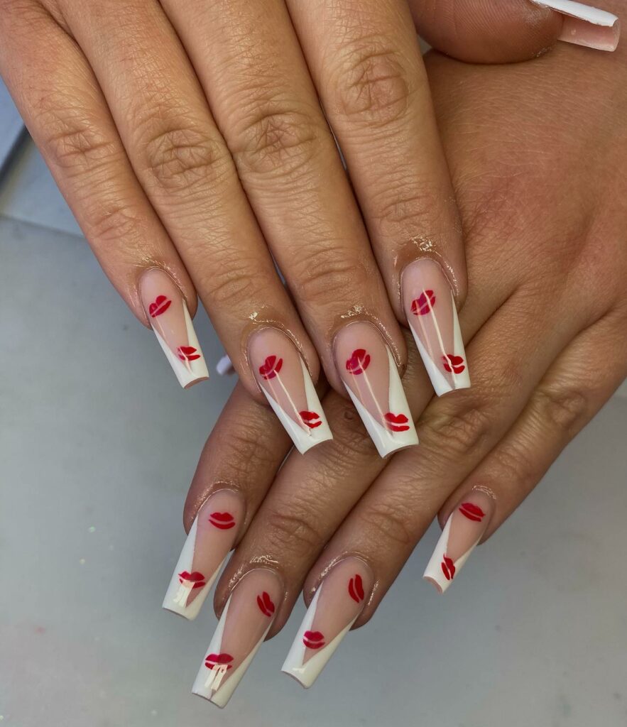 50 Latest V French Tip Coffin Nail Designs To Try In 2024! 47 Spice It Up White Tips with Red Kiss Lips