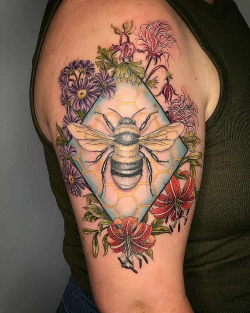 11+ Bee And Honeycomb Tattoo Ideas That Will Blow Your Mind! 16 Bee, Honeycomb, And Flowers Tattoo