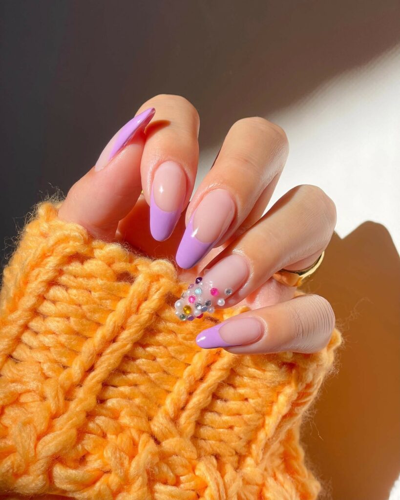 25 Latest Accent Nail Designs To Try In 2024! 18 Purple French Accent Nails With Colorful Pearls