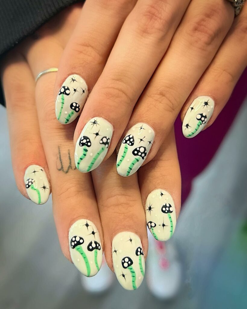 20 Latest Mushroom Nail Designs To Try In 2024! 28 Black Mushroom On Green Nails