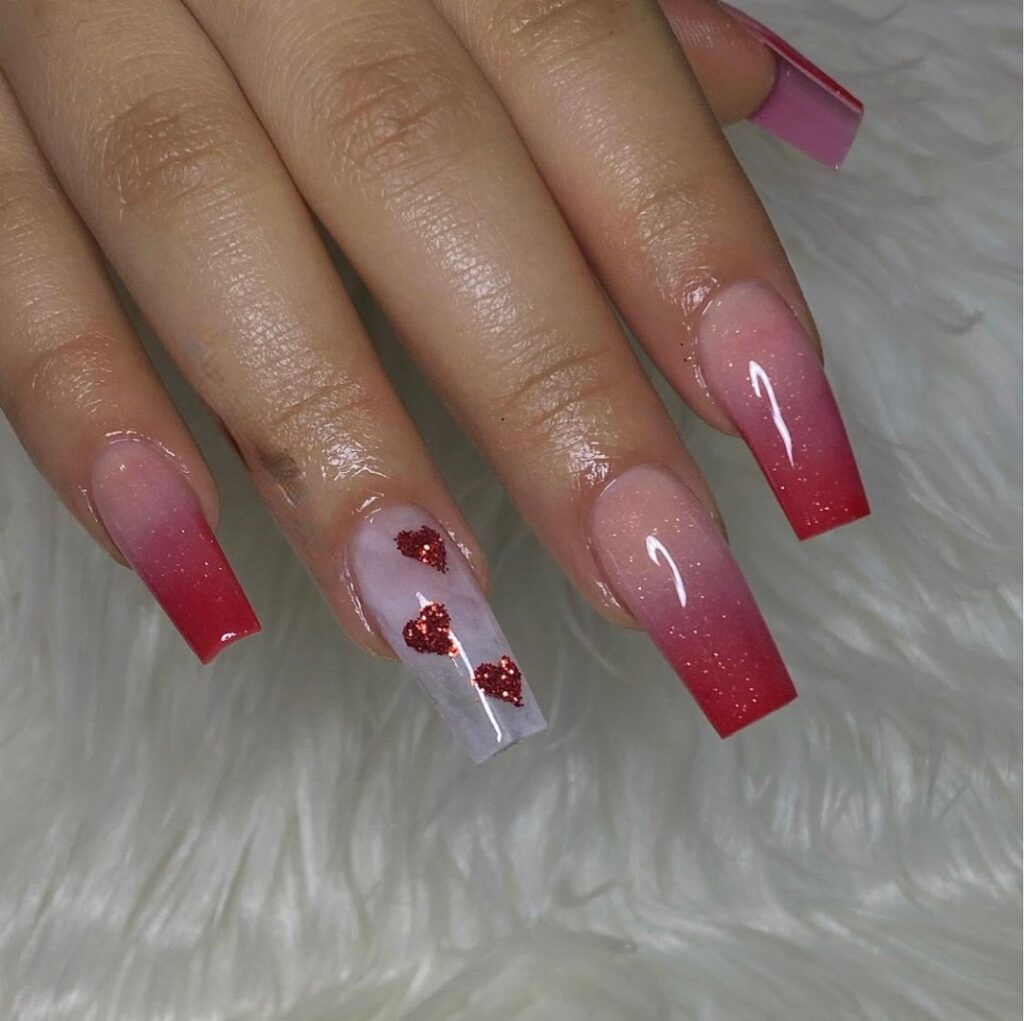 15 Latest Red Ombre Nail Designs To Try In 2024! 19 Glitter and Tiny Hearts