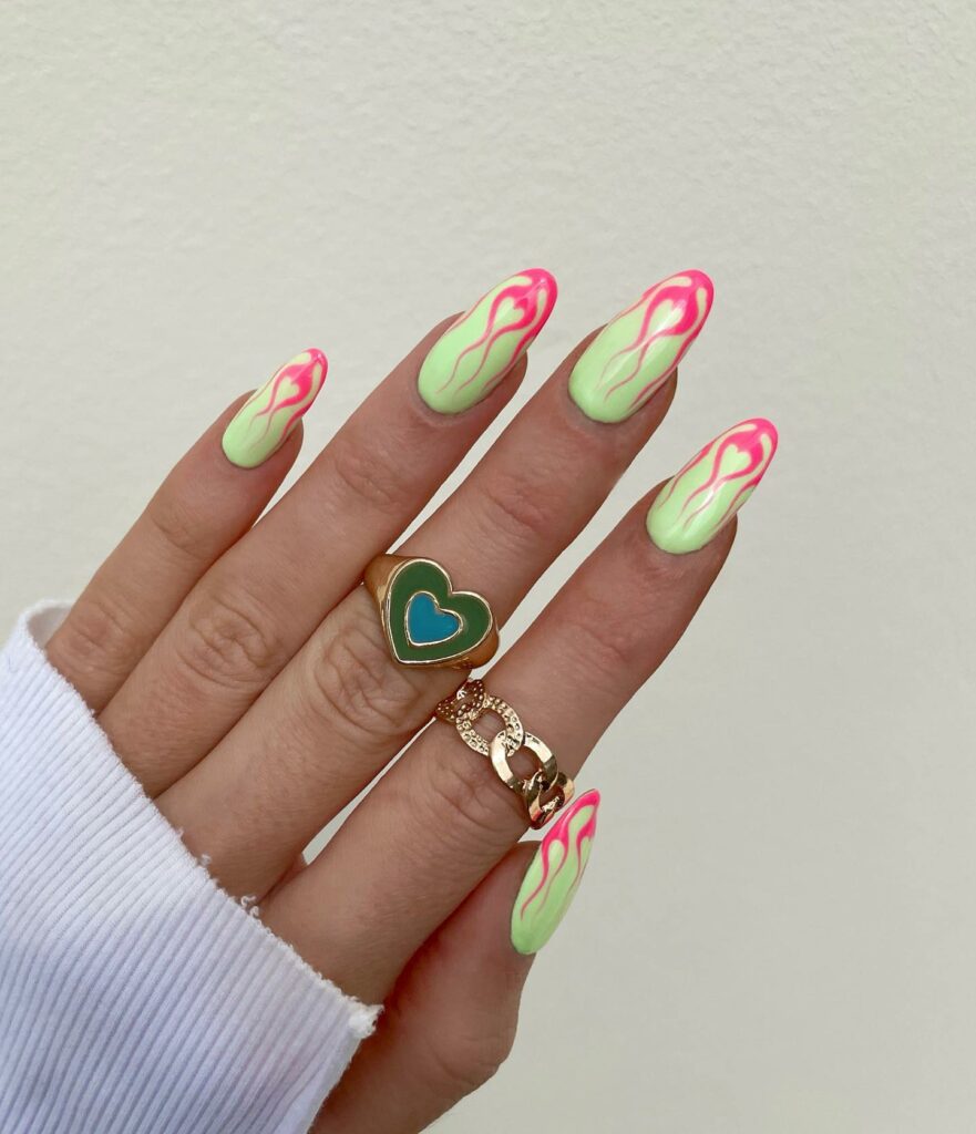 20 Latest Pink And Green Nail Ideas To Try In 2024! 21 Pink And Green Nails With Flame Tip Design